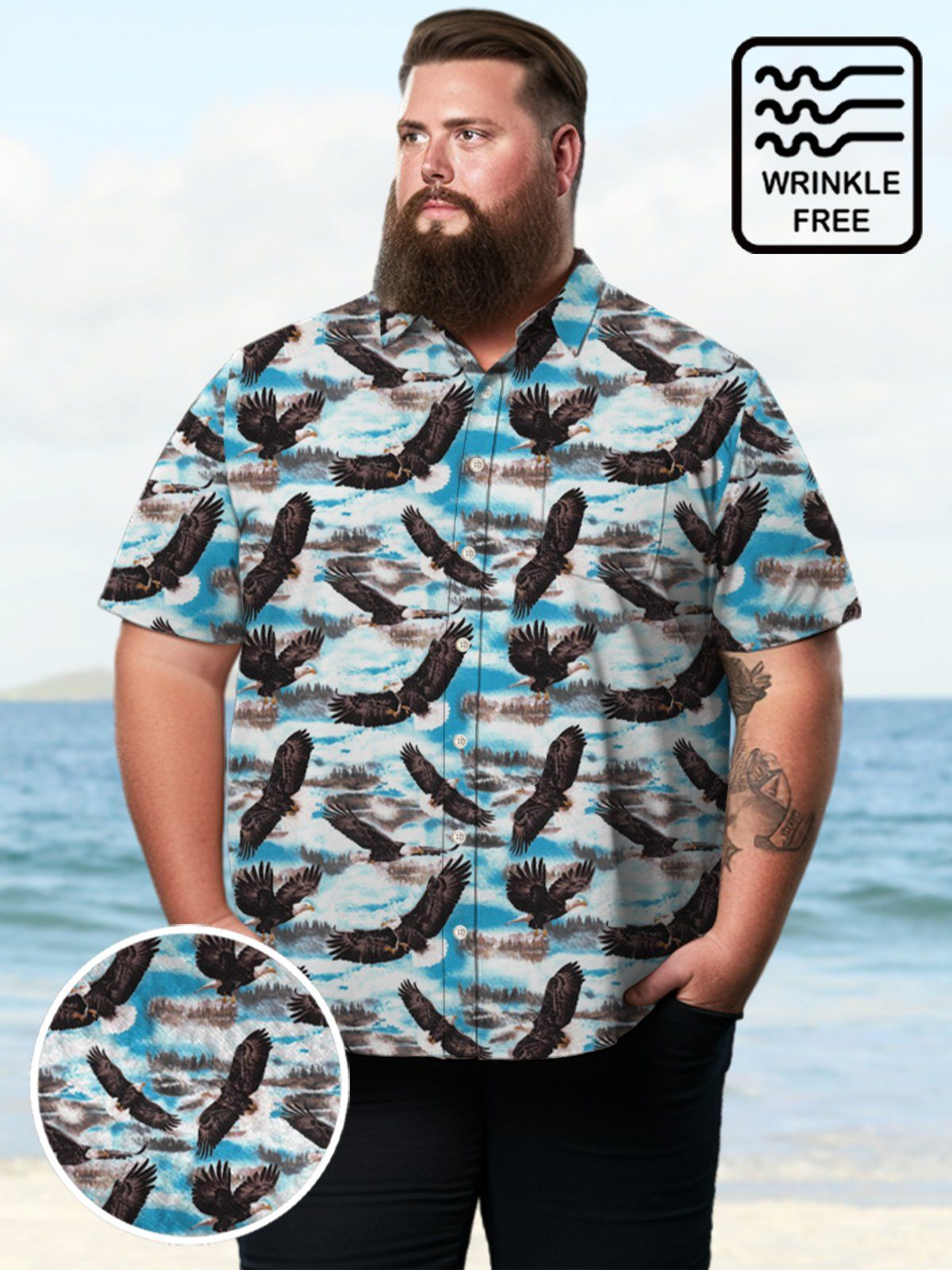 Big & Tall Holiday Animal Eagle Free Seersucker Hawaiian Shirt Big & Tall Holiday Animal Eagle Free Seersucker Hawaiian Shirt