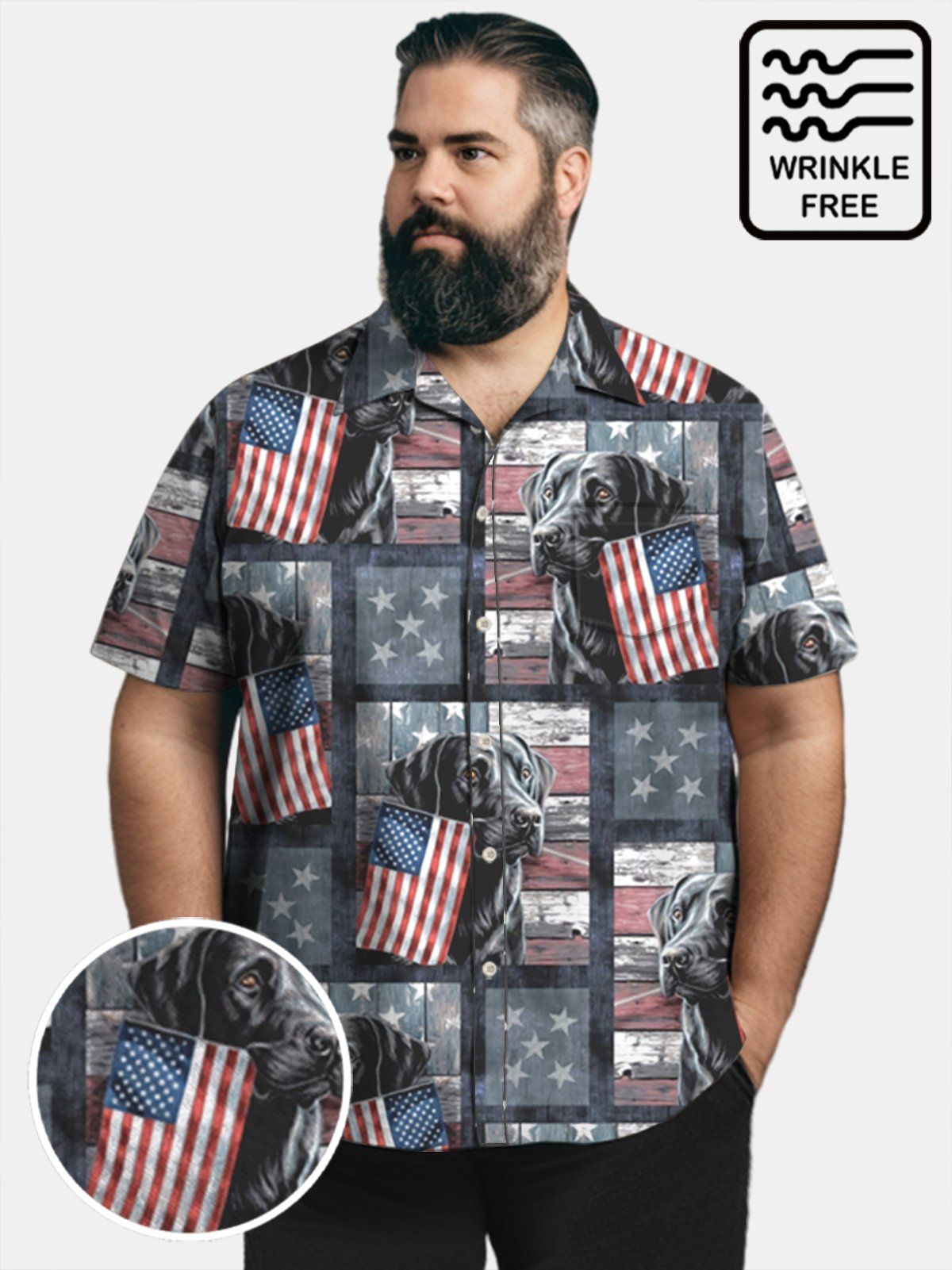 Big & Tall Patriot Dog American Flag Free Seersucker Hawaiian Shirt