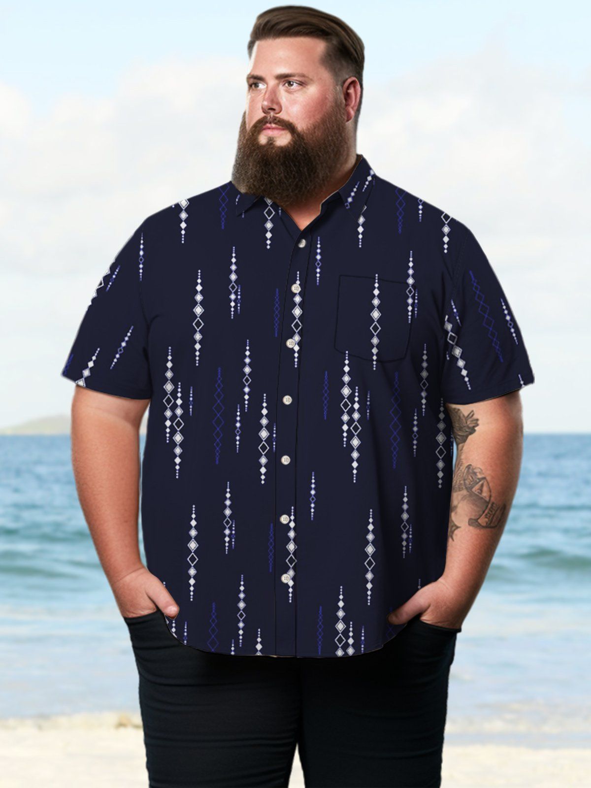 Big & Tall Retro Geometric Line Hawaiian Shirt