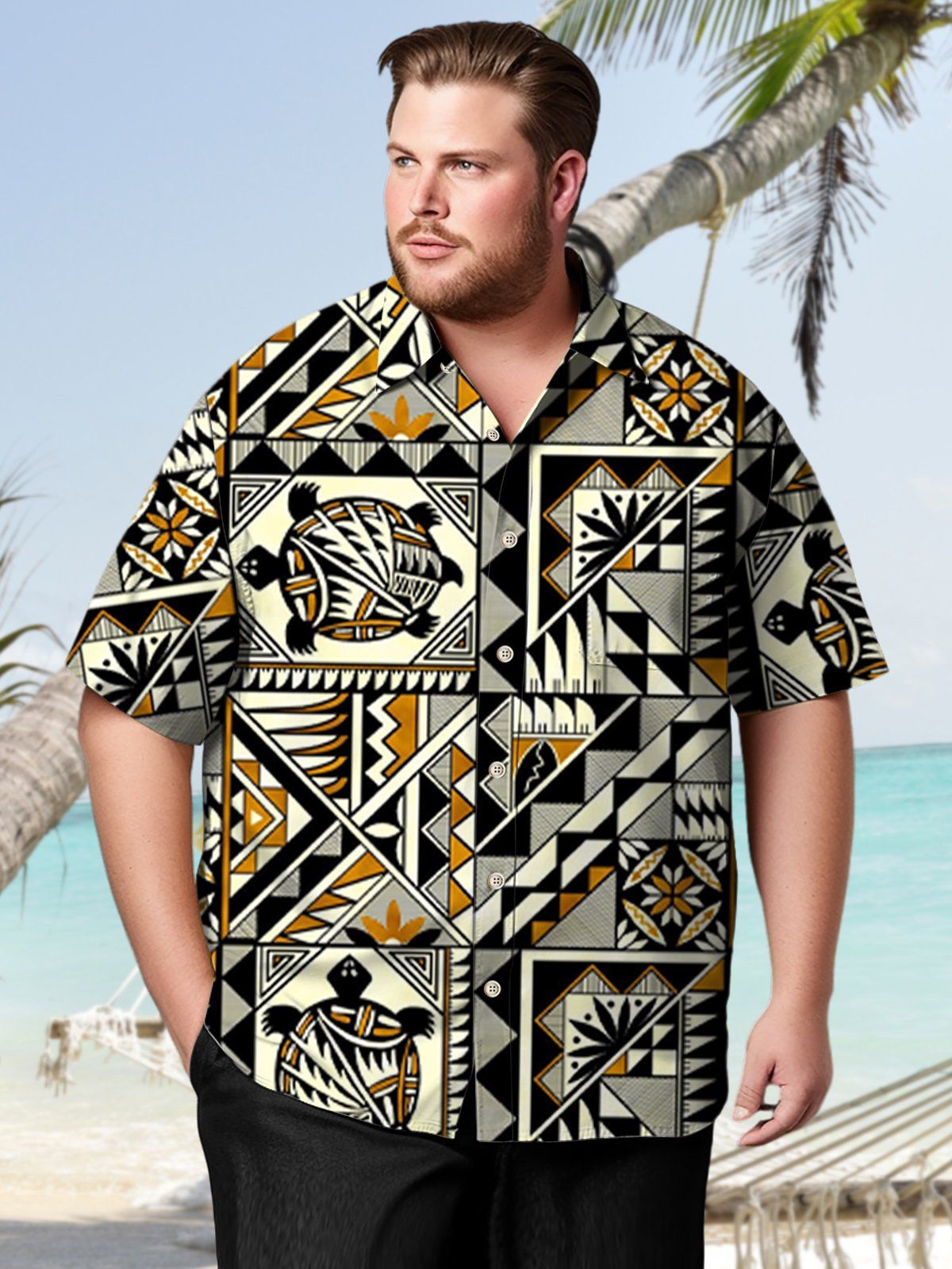 Big & Tall Retro Geometry Turtle Totem Hawaiian Shirt