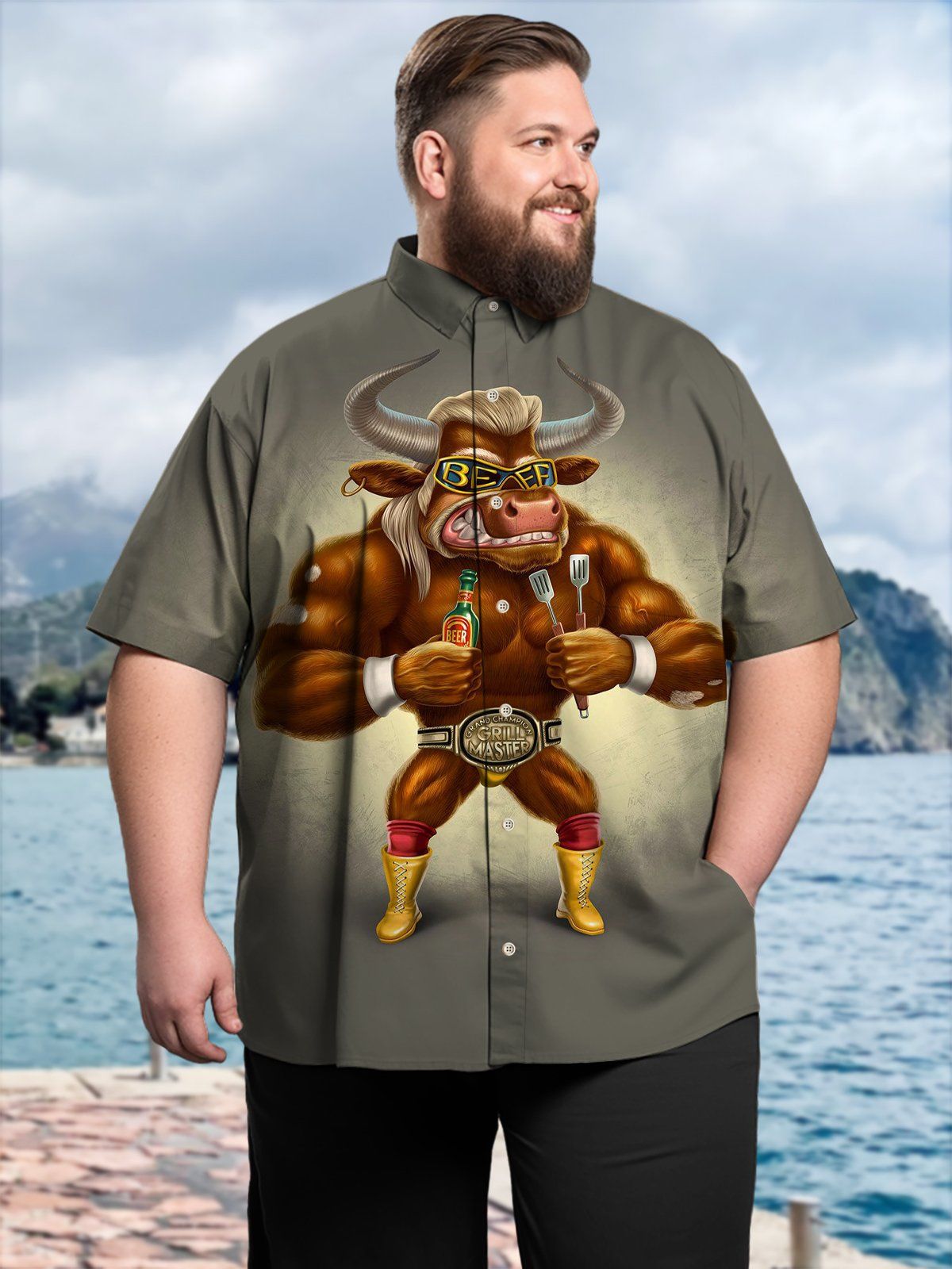 Big & Tall Retro Muscle Food Cow Hawaiian Shirt Big & Tall Retro Muscle Food Cow Hawaiian Shirt