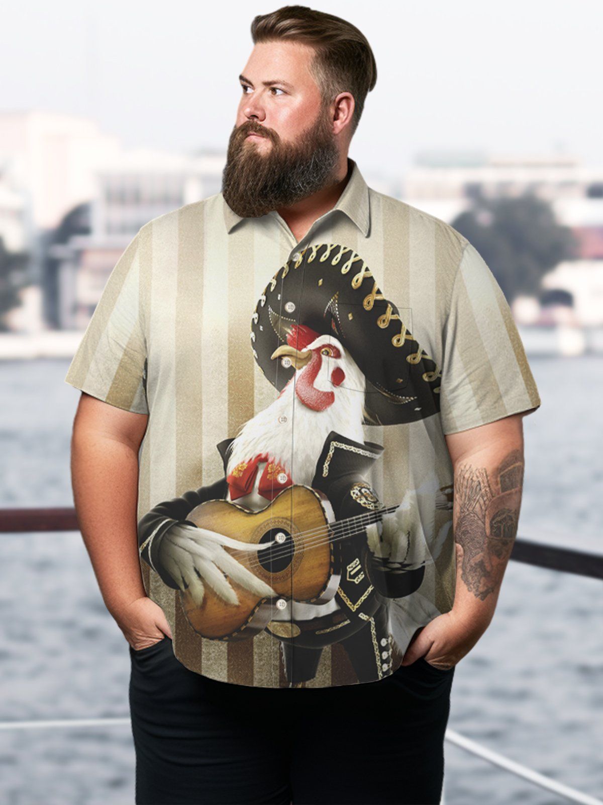 Big & Tall Retro Rooster Music Hawaiian Shirt