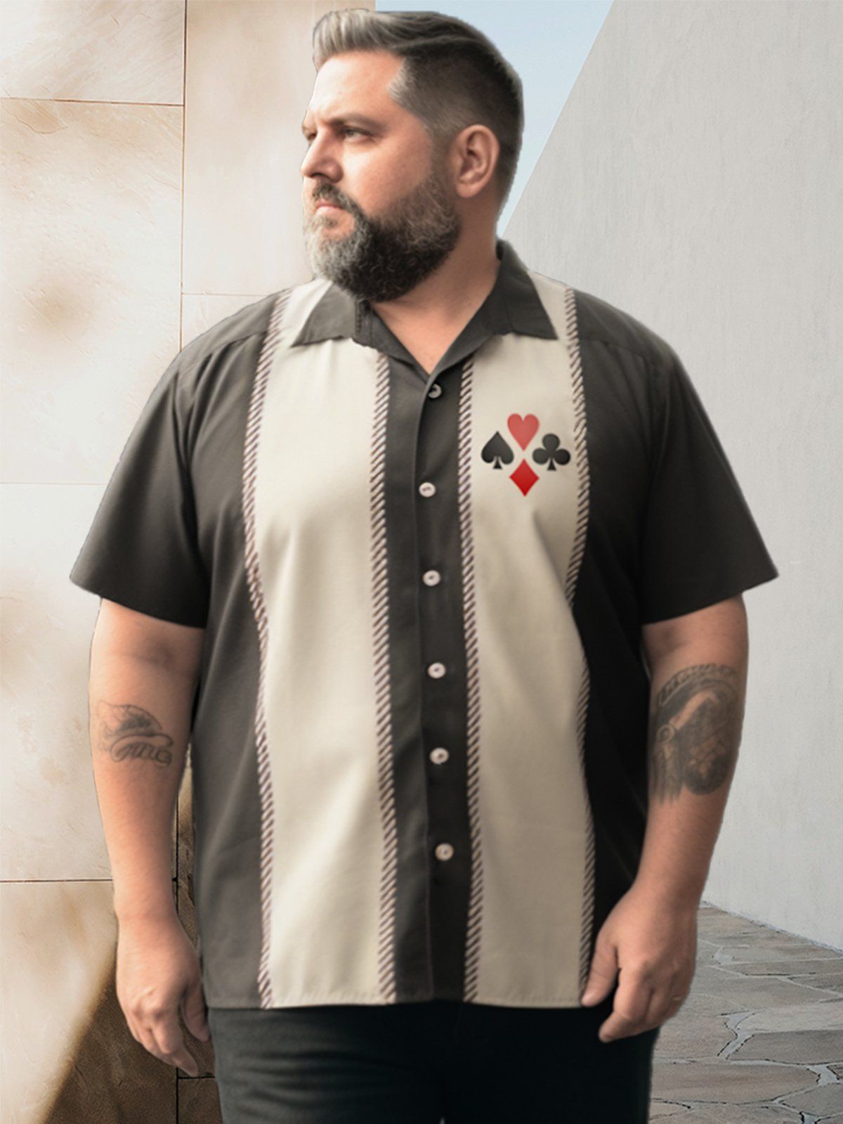 Big & Tall Retro Stripes Bowling Style Poker Quick Drying Hawaiian Shirt Big & Tall Retro Stripes Bowling Style Poker Quick Drying Hawaiian Shirt