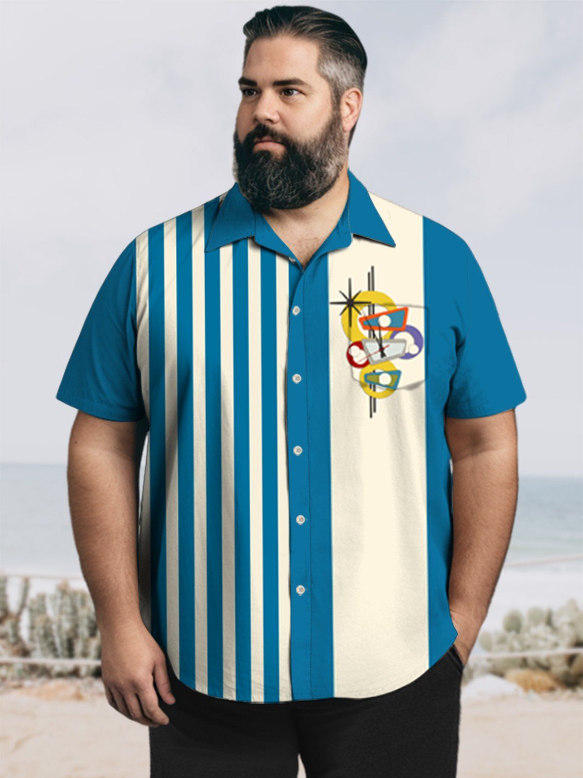 Big & Tall Vintage 60S Striped Geometric Clock Quick Drying Hawaiian Shirt