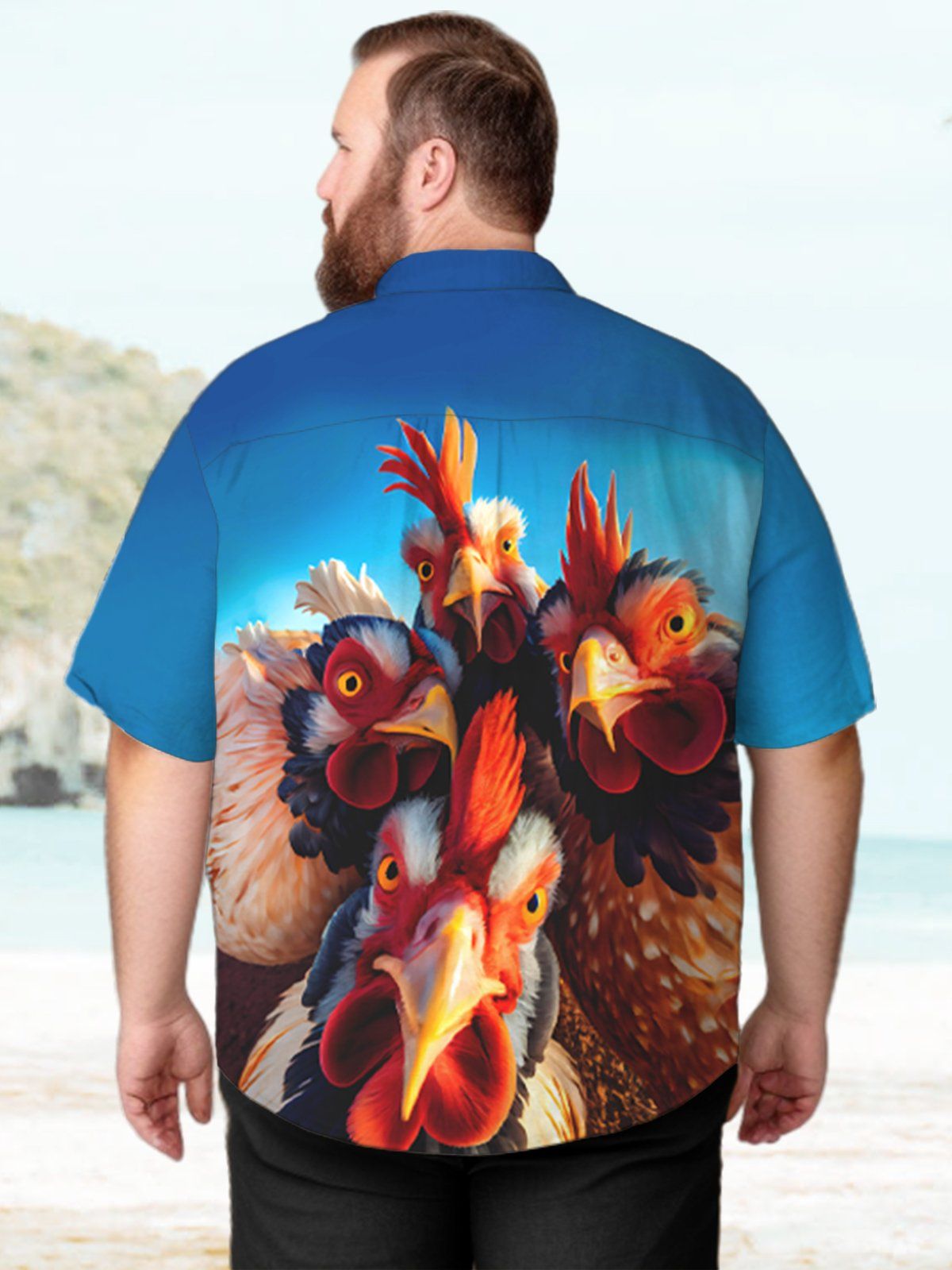 Big & Tall Vintage Fighting Rooster Print Button Pocket Hawaiian Shirt