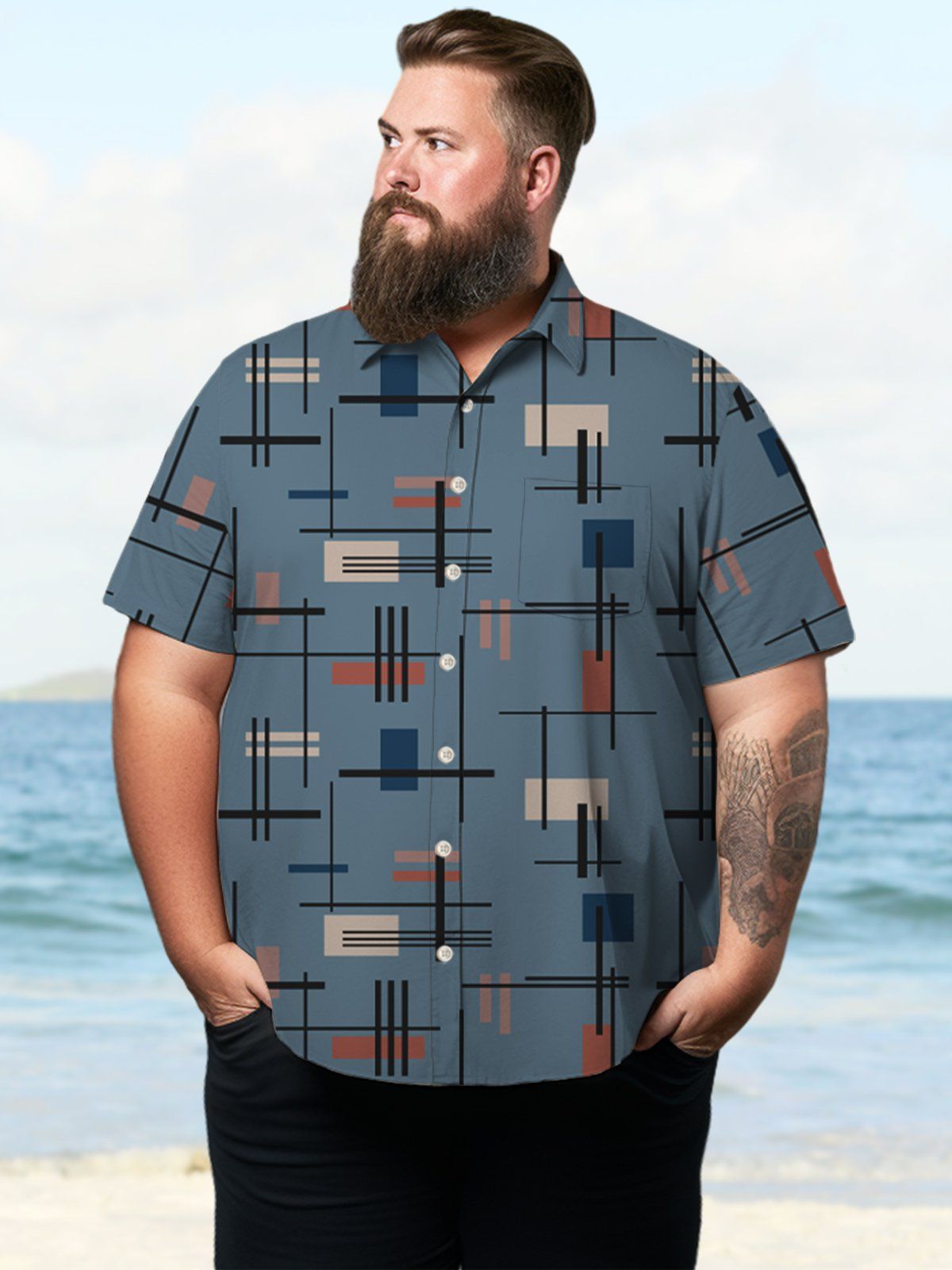 Big & Tall Vintage Geometric Pattern Printed Hawaiian Shirt