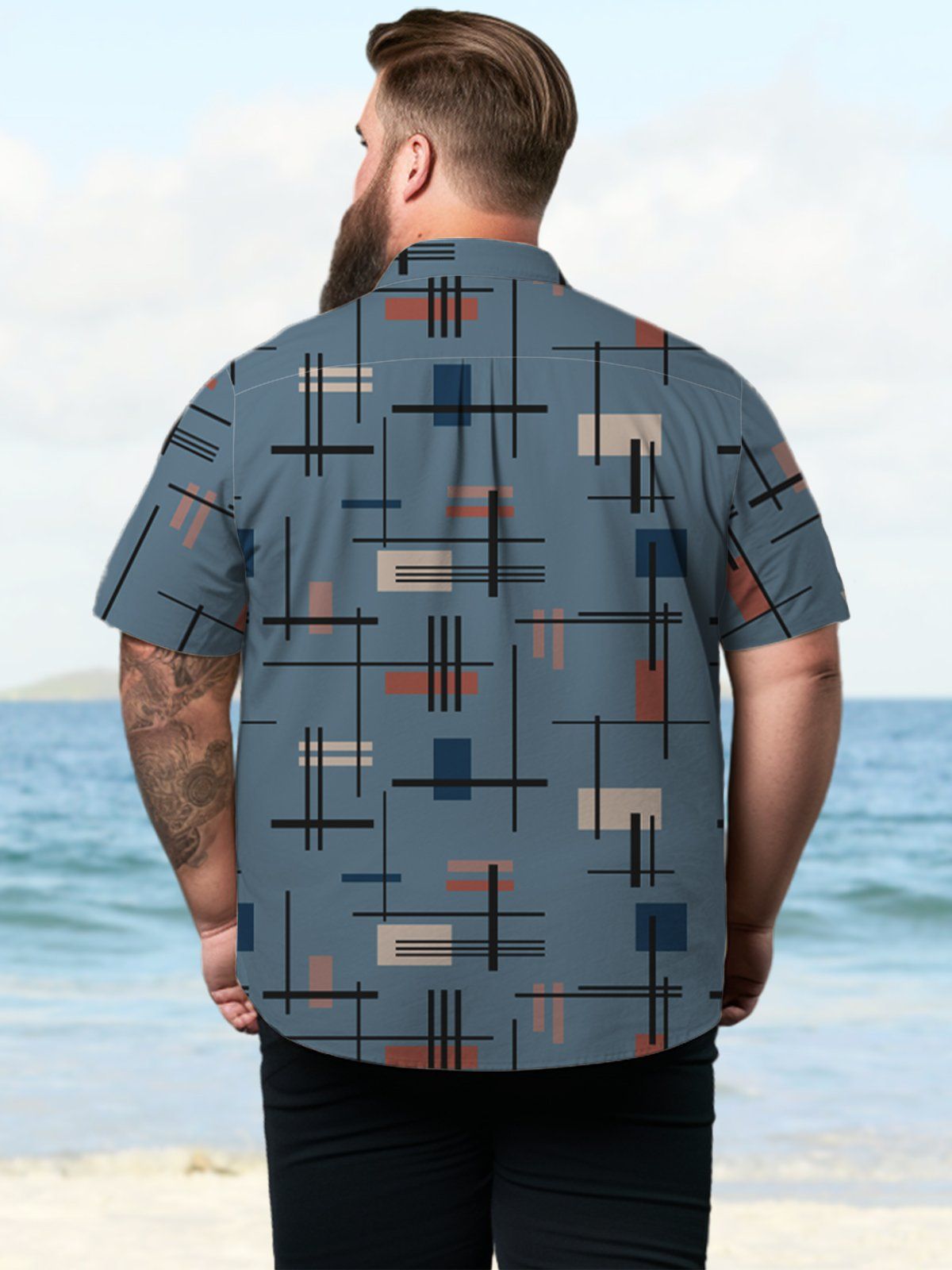 Big & Tall Vintage Geometric Pattern Printed Hawaiian Shirt