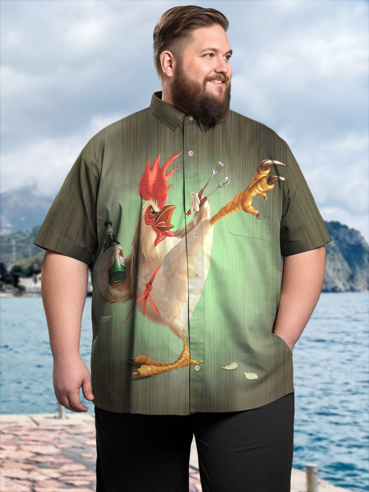 Big & Tall Vintage Gradient Kung fu Rooster Button Pocket Hawaiian Shirt