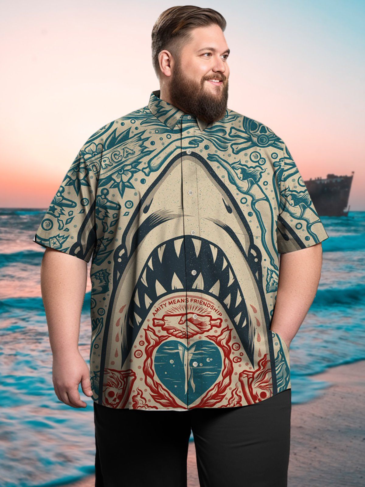 Big & Tall Vintage Shark Hawaiian Shirt