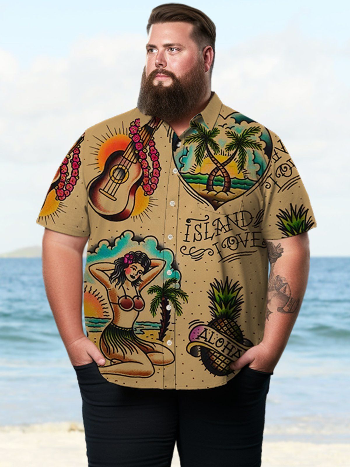 Big & Tall Vintage Tattoo Hawaiian Shirt Big & Tall Vintage Tattoo Hawaiian Shirt