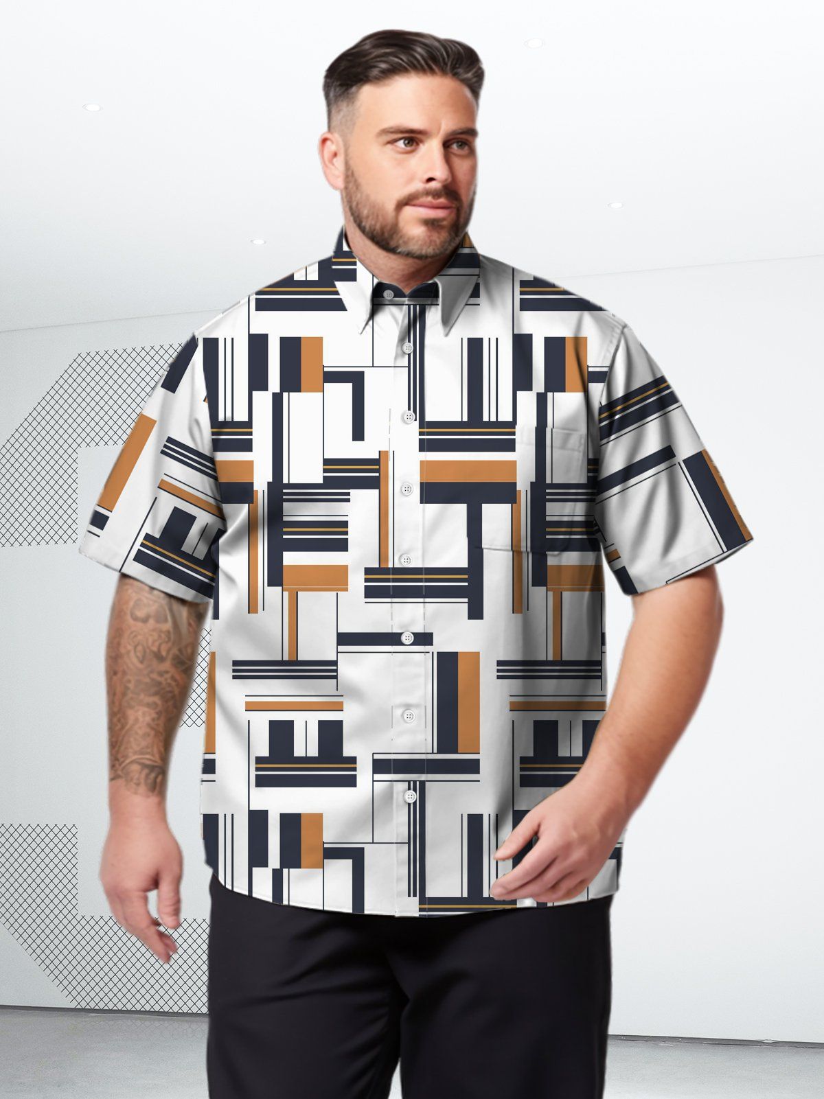 Big Size Men Geometric Casual Stripe Pattern Shirts Style 03