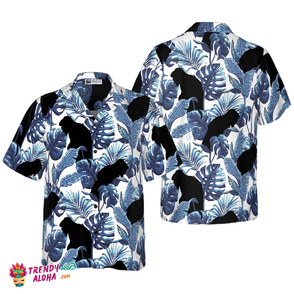 Bigfoot & The Blue Leaves Bigfoot Hawaiian Shirt, White And Navy Blue Tropical Floral Bigfoot Shirt For Men Bigfoot & The Blue Leaves Bigfoot Hawaiian Shirt, White And Navy Blue Tropical Floral Bigfoot Shirt For Men