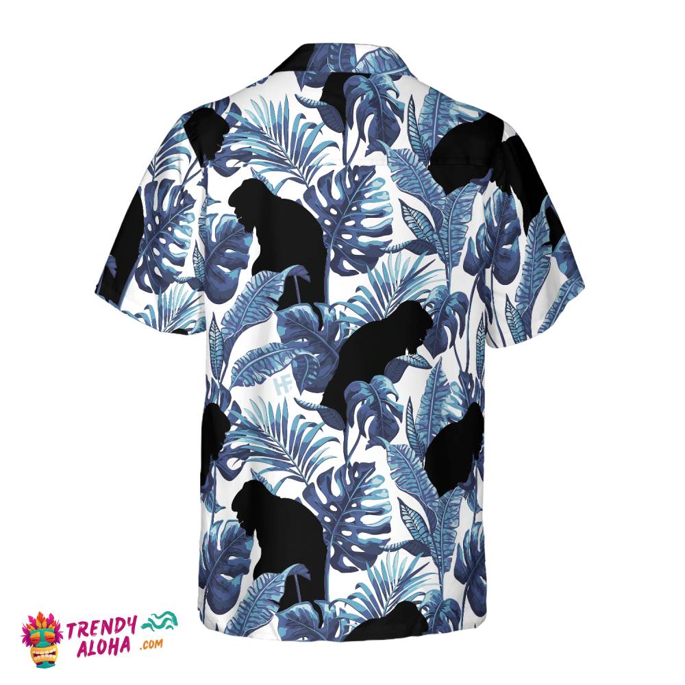 Bigfoot & The Blue Leaves Bigfoot Hawaiian Shirt, White And Navy Blue Tropical Floral Bigfoot Shirt For Men