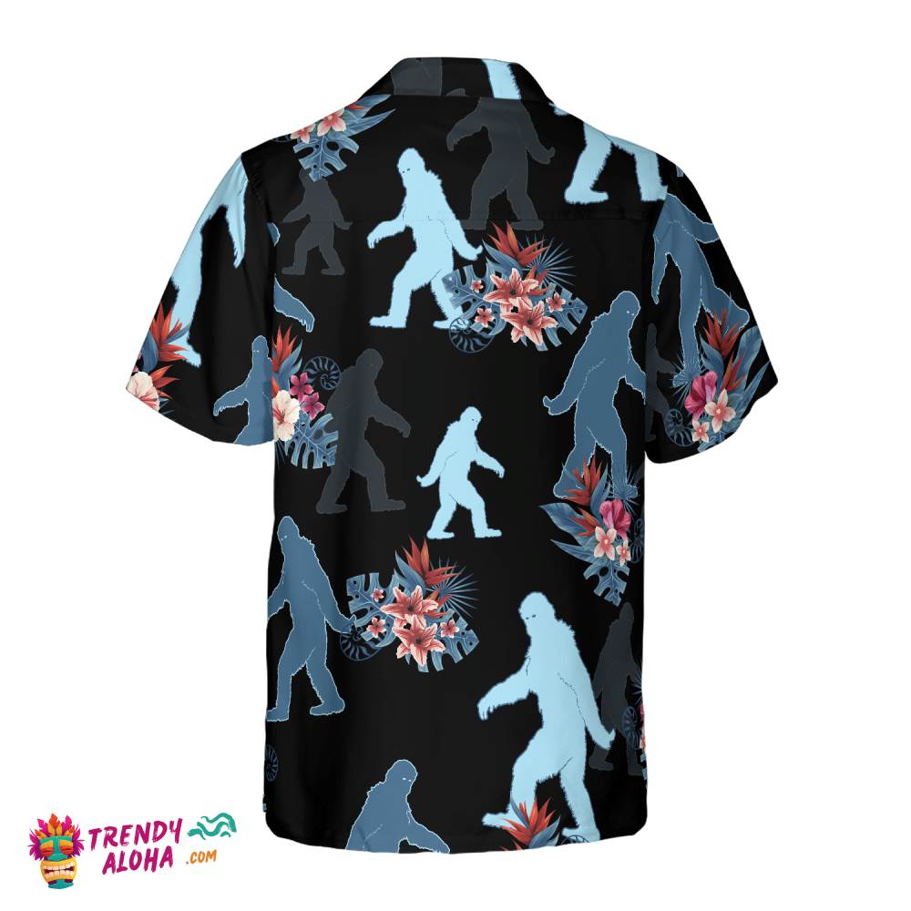 Bigfoot & The Tropical Leaves Bigfoot Hawaiian Shirt, Black Tropical Floral Bigfoot Shirt For Men