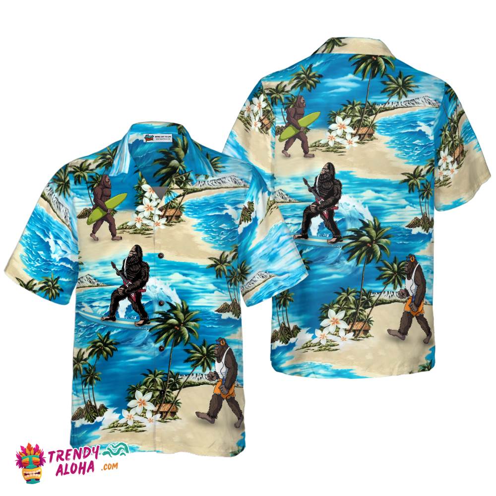 Bigfoot Aioha Beach Bigfoot Hawaiian Shirt, Palm Tree And Flower Blue Ocean Bigfoot Surfing Shirt For Men Bigfoot Aioha Beach Bigfoot Hawaiian Shirt, Palm Tree And Flower Blue Ocean Bigfoot Surfing Shirt For Men
