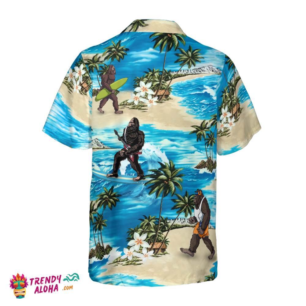 Bigfoot Aioha Beach Bigfoot Hawaiian Shirt, Palm Tree And Flower Blue Ocean Bigfoot Surfing Shirt For Men