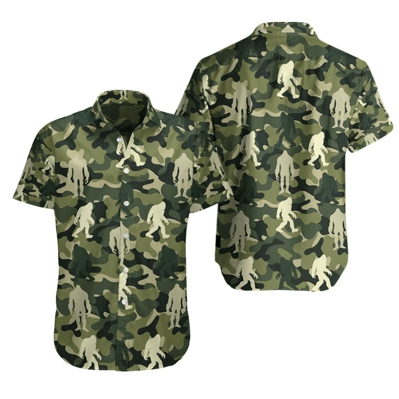 Bigfoot Aloha Shirt Bigfoot Green Camo Hawaiian Shirt Adult