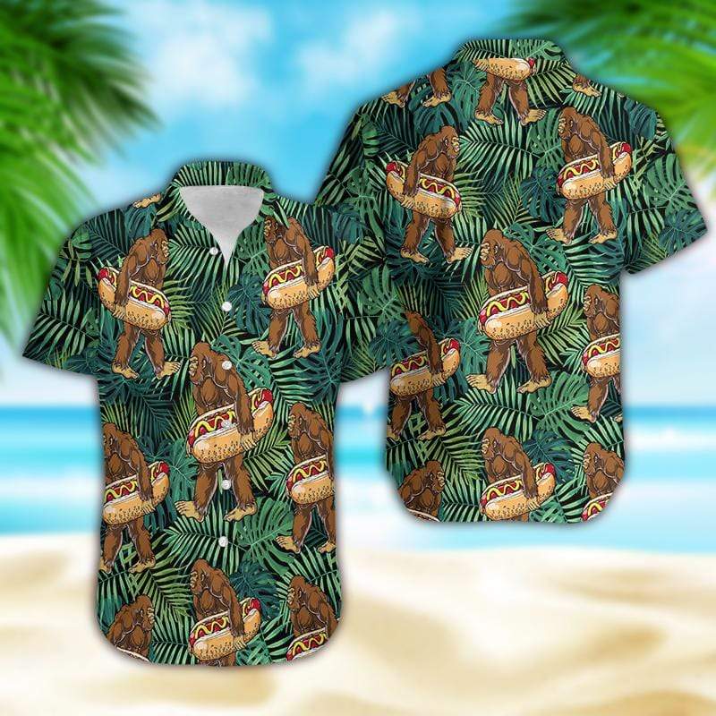 Bigfoot Aloha Shirt Bigfoot Hot Dog Hawaiian Shirt Adult