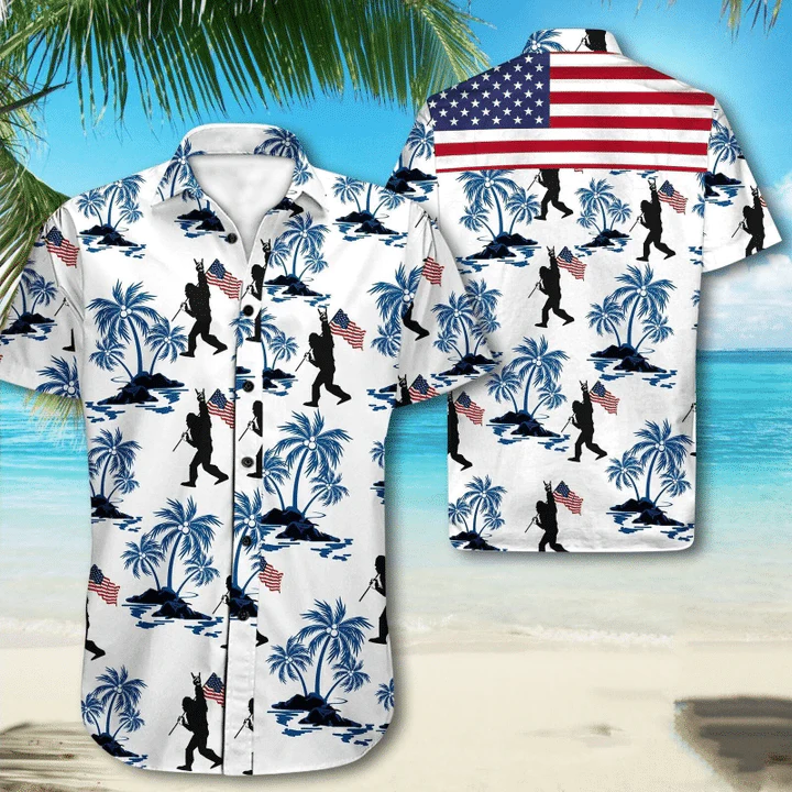 Bigfoot American Flag 4Th Of July Trendy Hawaiian Shirt, Bigfoot Aloha Shirt, Amazing Bigfoot Button Up Shirt