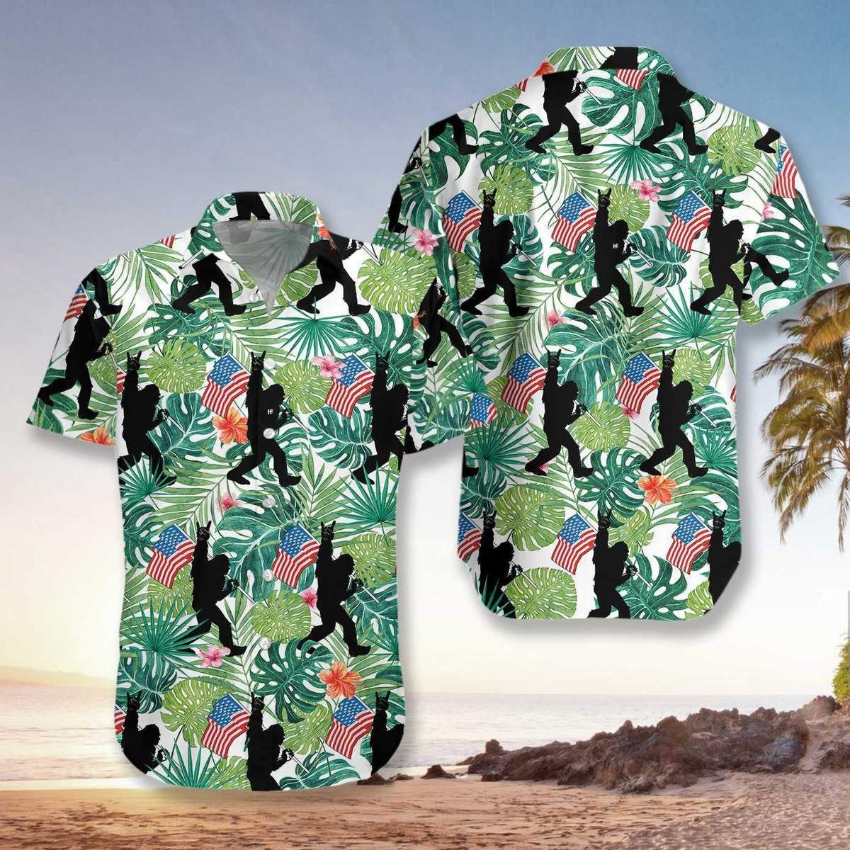 Bigfoot American Flag Trendy Hawaiian Shirts For Men & For Women