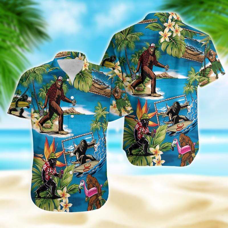 Bigfoot Beach Hawaii Shirt Bigfoot Sasquatch On Vacation In Beach Hawaiian Shirt