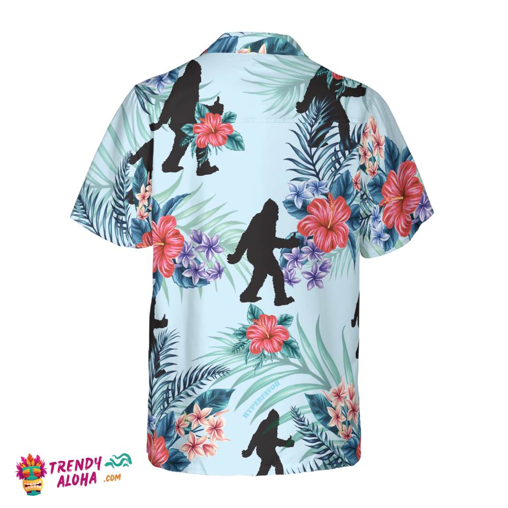 Bigfoot Bluebonnet Bigfoot Hawaiian Shirt, Arctic Blue Texas Floral And Leaves Bigfoot Shirt For Men