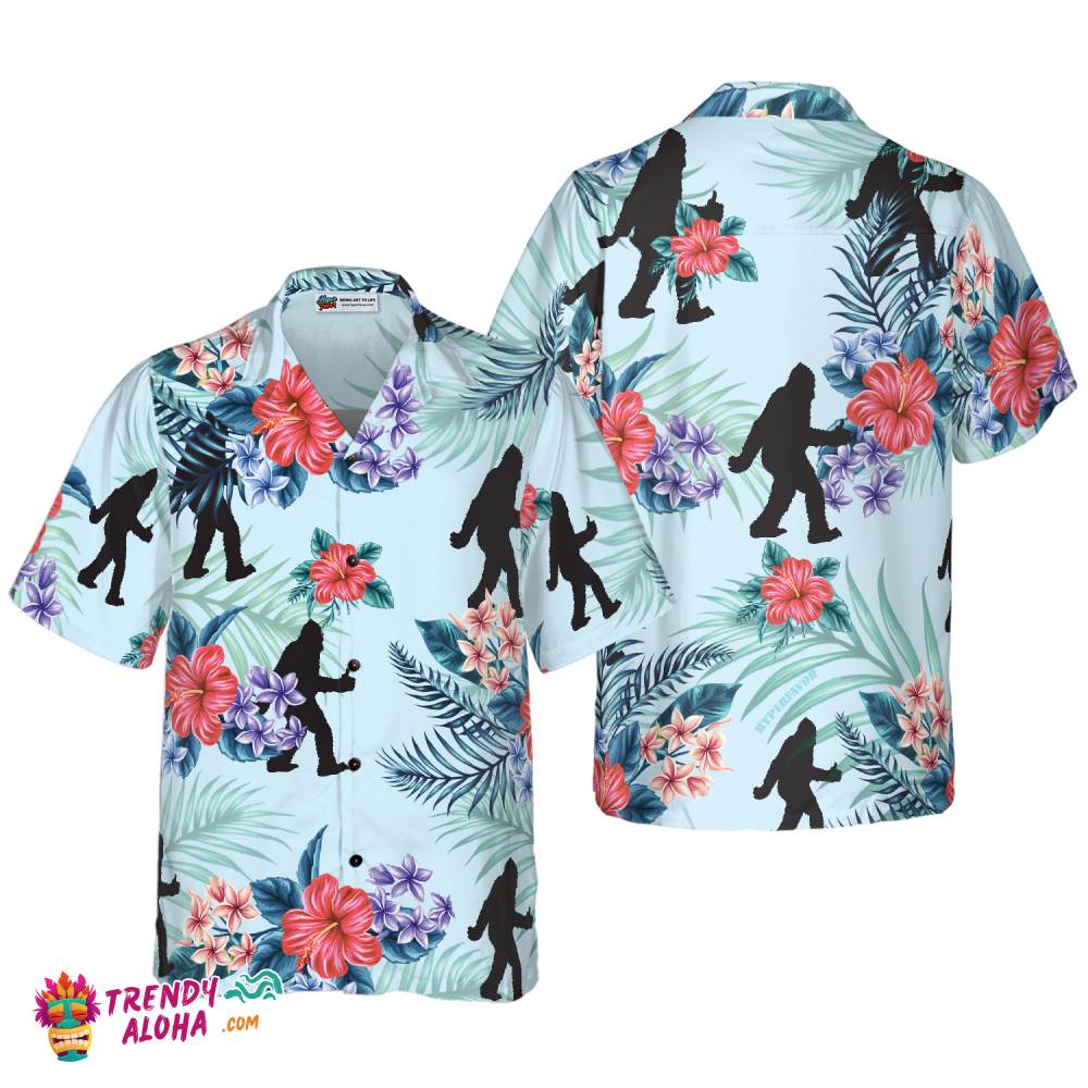 Bigfoot Bluebonnet Bigfoot Hawaiian Shirt, Arctic Blue Texas Floral And Leaves Bigfoot Shirt For Men Bigfoot Bluebonnet Bigfoot Hawaiian Shirt, Arctic Blue Texas Floral And Leaves Bigfoot Shirt For Men