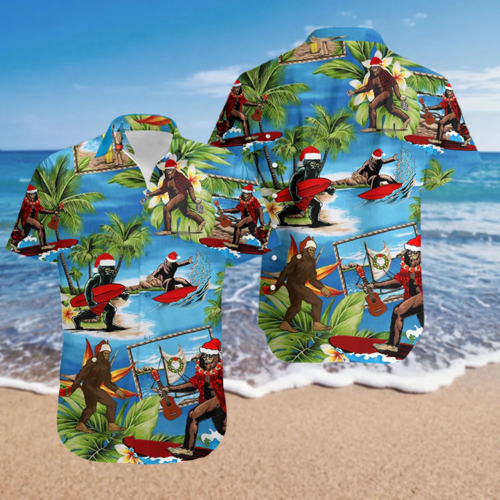 Bigfoot Christmas Hawaii Shirt Bigfoot Christmas Hat Hawaiian Aloha Shirt