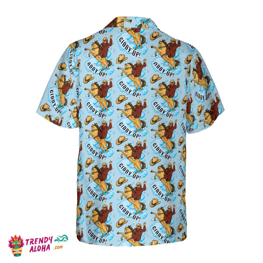 Bigfoot Cowboy Giddy Up Bigfoot Hawaiian Shirt, Sky Blue Vintage Rodeo Horse Riding Bigfoot Shirt For Men