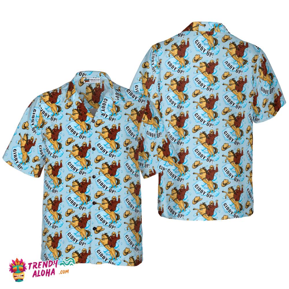 Bigfoot Cowboy Giddy Up Bigfoot Hawaiian Shirt, Sky Blue Vintage Rodeo Horse Riding Bigfoot Shirt For Men Bigfoot Cowboy Giddy Up Bigfoot Hawaiian Shirt, Sky Blue Vintage Rodeo Horse Riding Bigfoot Shirt For Men