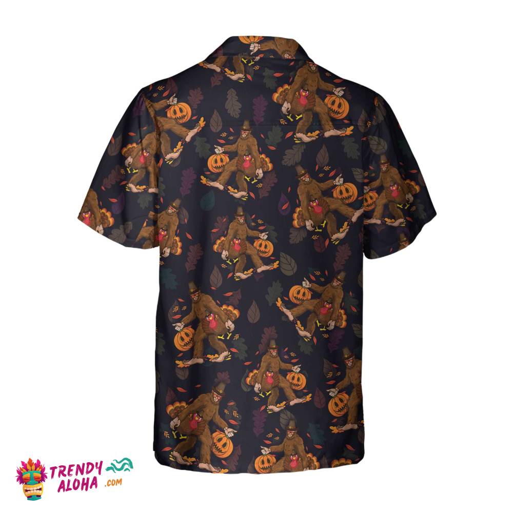 Bigfoot Grabbing Turkey And Pumpkin Hawaiian Shirt, Funny Thanksgiving Bigfoot Shirt, Best Gift For Thanksgiving Day