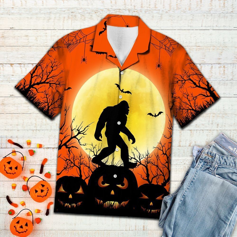 Bigfoot Halloween Hawaii Shirt Bigfoot Halloween Moon Pumpkin Orange Hawaii Aloha Shirt