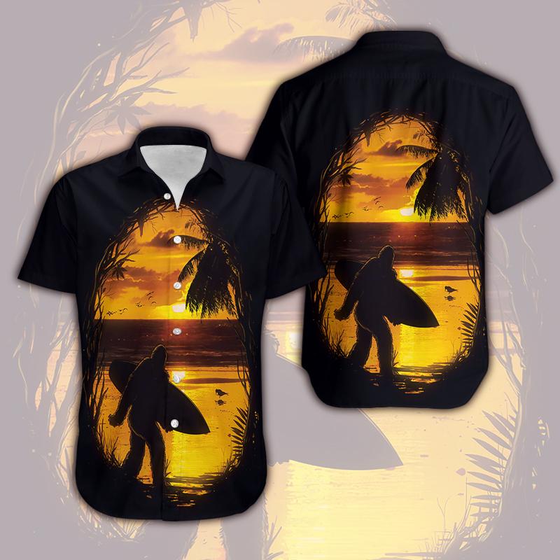 Bigfoot Hawaii Shirt Bigfoot In The Sunset Hawaiian Shirt Black Adult Aloha Shirt