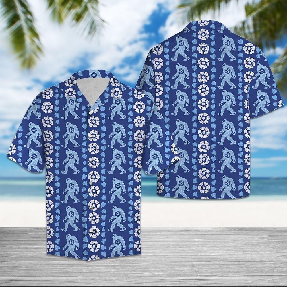 Bigfoot Hawaiian Shirt Bigfoot Blue Floral Hawaii Aloha Shirt