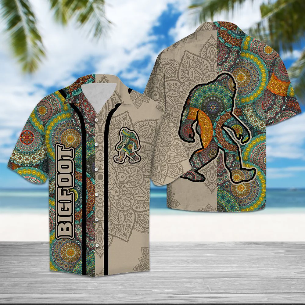 Bigfoot Hawaiian Shirt Bigfoot Mandala Grey Khaki Hawaii Aloha Shirt