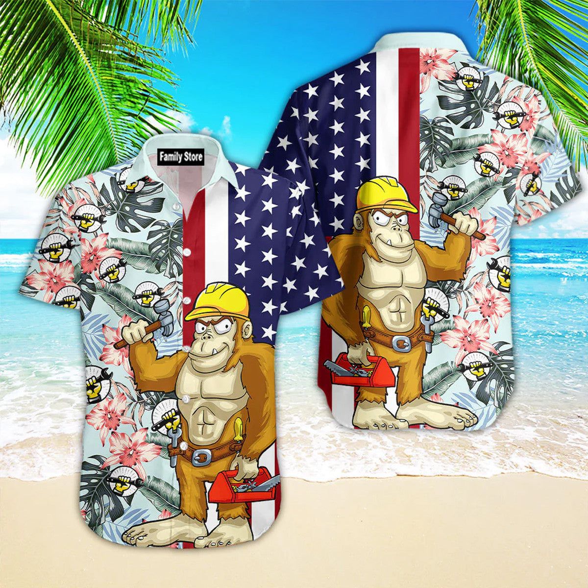 Bigfoot Mechanic Flag Tropical Aloha Hawaiian Shirts