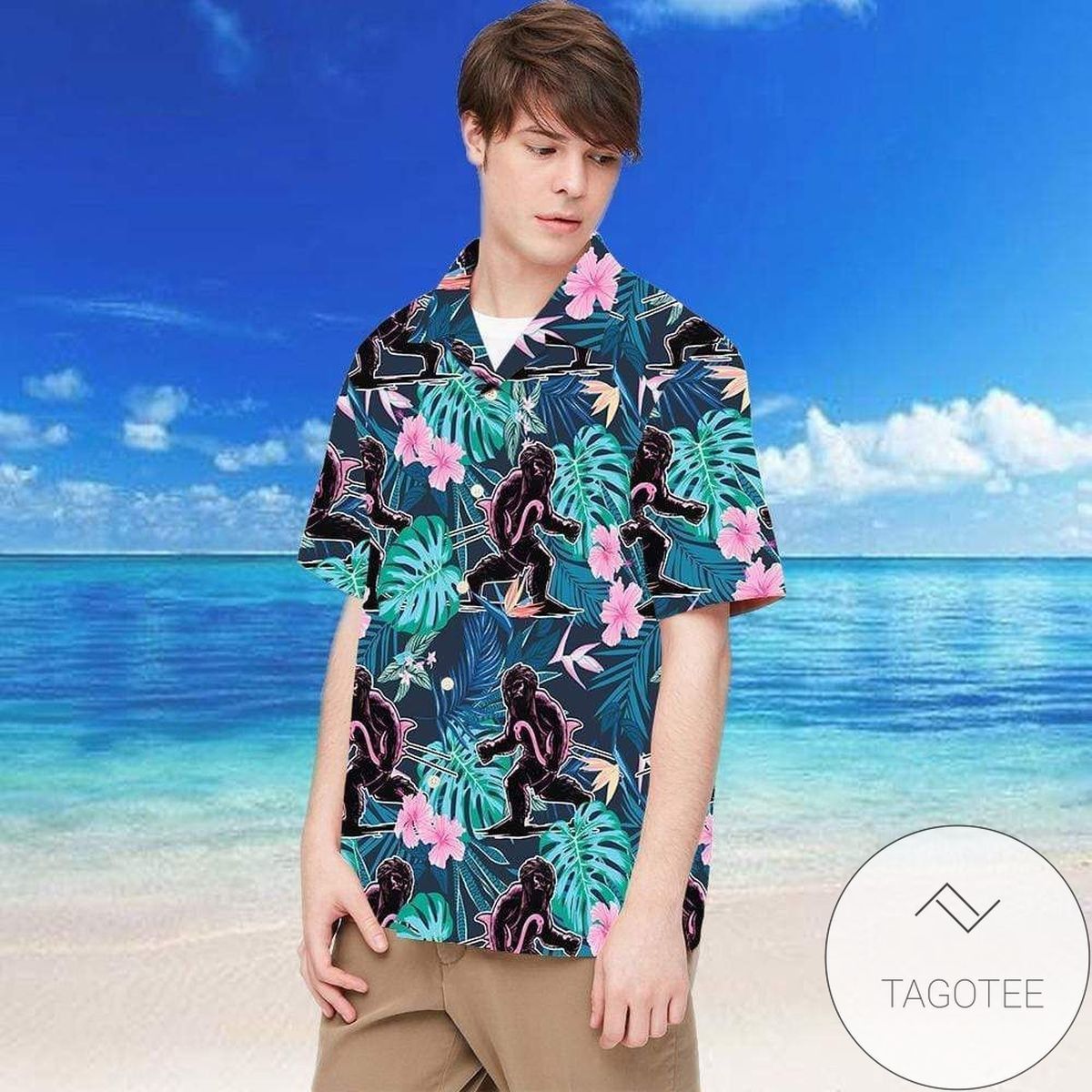 Bigfoot Meets Tropical Flamingo Elegance Hawaiian Shirt Design