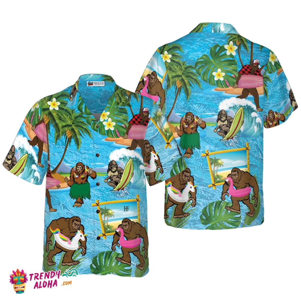 Bigfoot On The Beach Bigfoot Hawaiian Shirt, Tropical Aloha Wave Surfing Bigfoot Shirt For Men Bigfoot On The Beach Bigfoot Hawaiian Shirt, Tropical Aloha Wave Surfing Bigfoot Shirt For Men