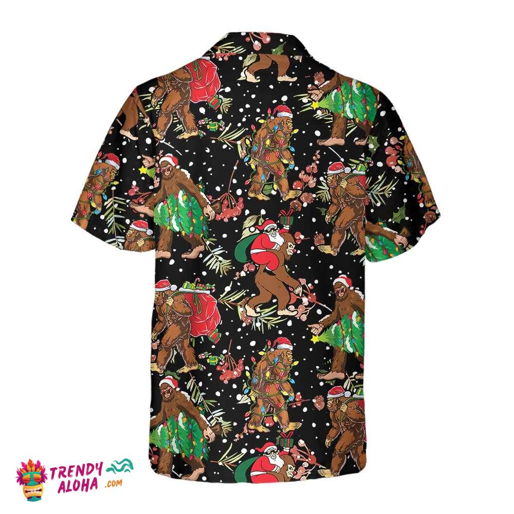 Bigfoot Santa Claus With Christmas Pattern Hawaiian Shirt, Funny Christmas Bigfoot Shirt, Gift For Christmas