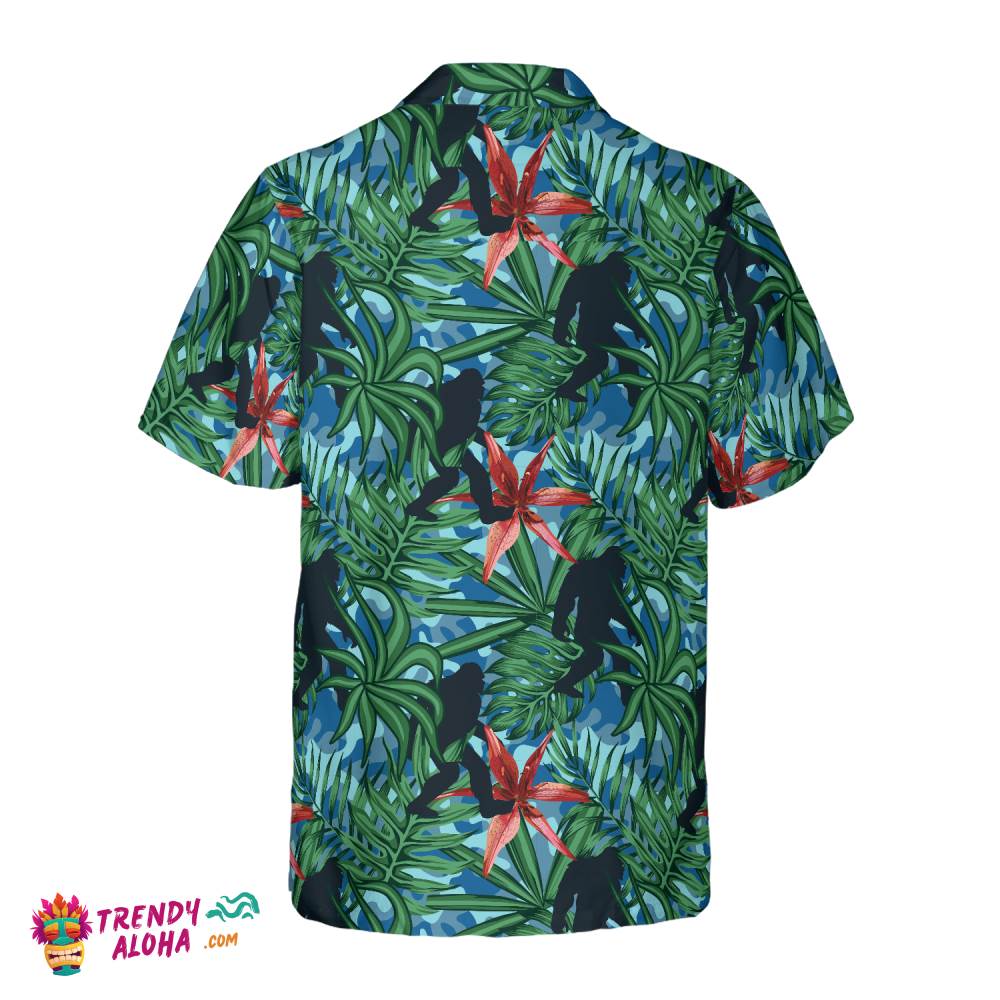 Bigfoot Silhouette Walking Bigfoot Hawaiian Shirt, Tropical Forest Floral Bigfoot Shirt For Men