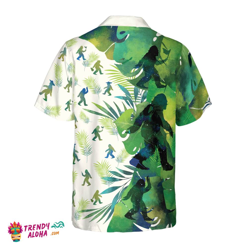 Bigfoot Silhouettes In Tropical Hawaiian Shirts For Men, Green Sasquatch Shirts