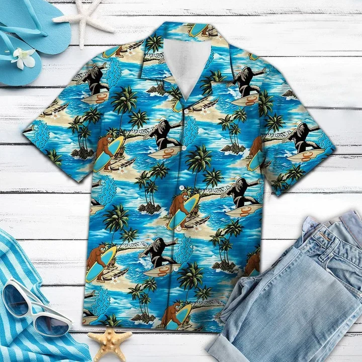 Bigfoot Surfing On Blue Beach Trendy Hawaiian Shirt