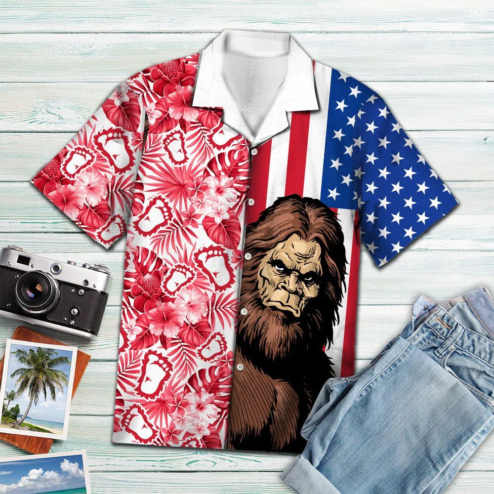Bigfoot Trendy Hawaiian Shirt Bigfoot American Flag Footprints Hawaii Aloha Shirt