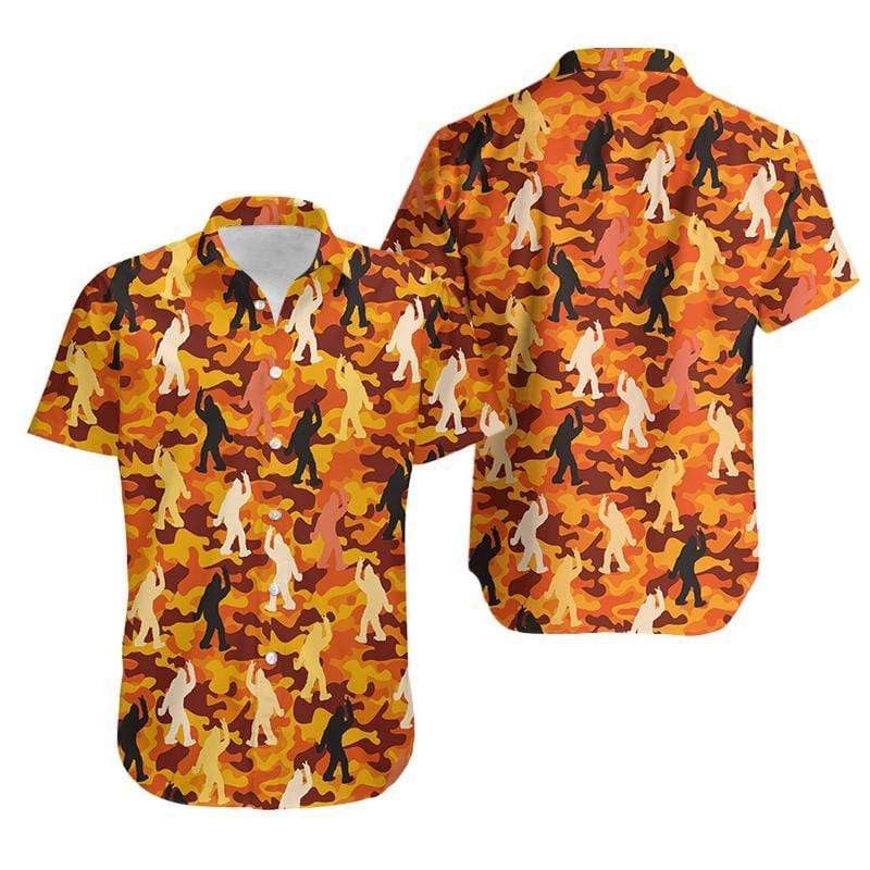 Bigfoot Trendy Hawaiian Shirt Bigfoot Peace Sign Orange Camo Hawaii Aloha Shirt