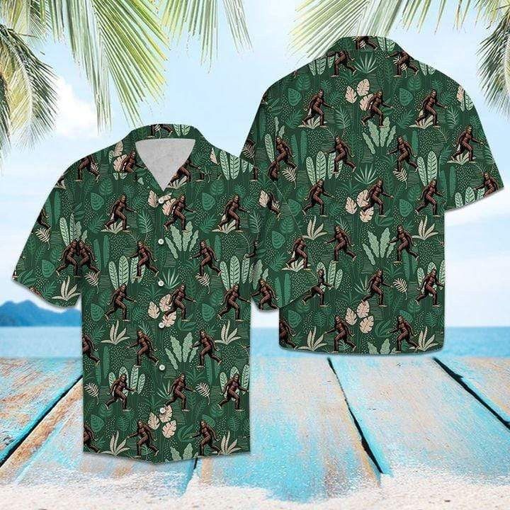 Bigfoot Trendy Hawaiian Shirt Bigfoot Tropical Jungle Palm Pattern Hawaii Aloha Shirt