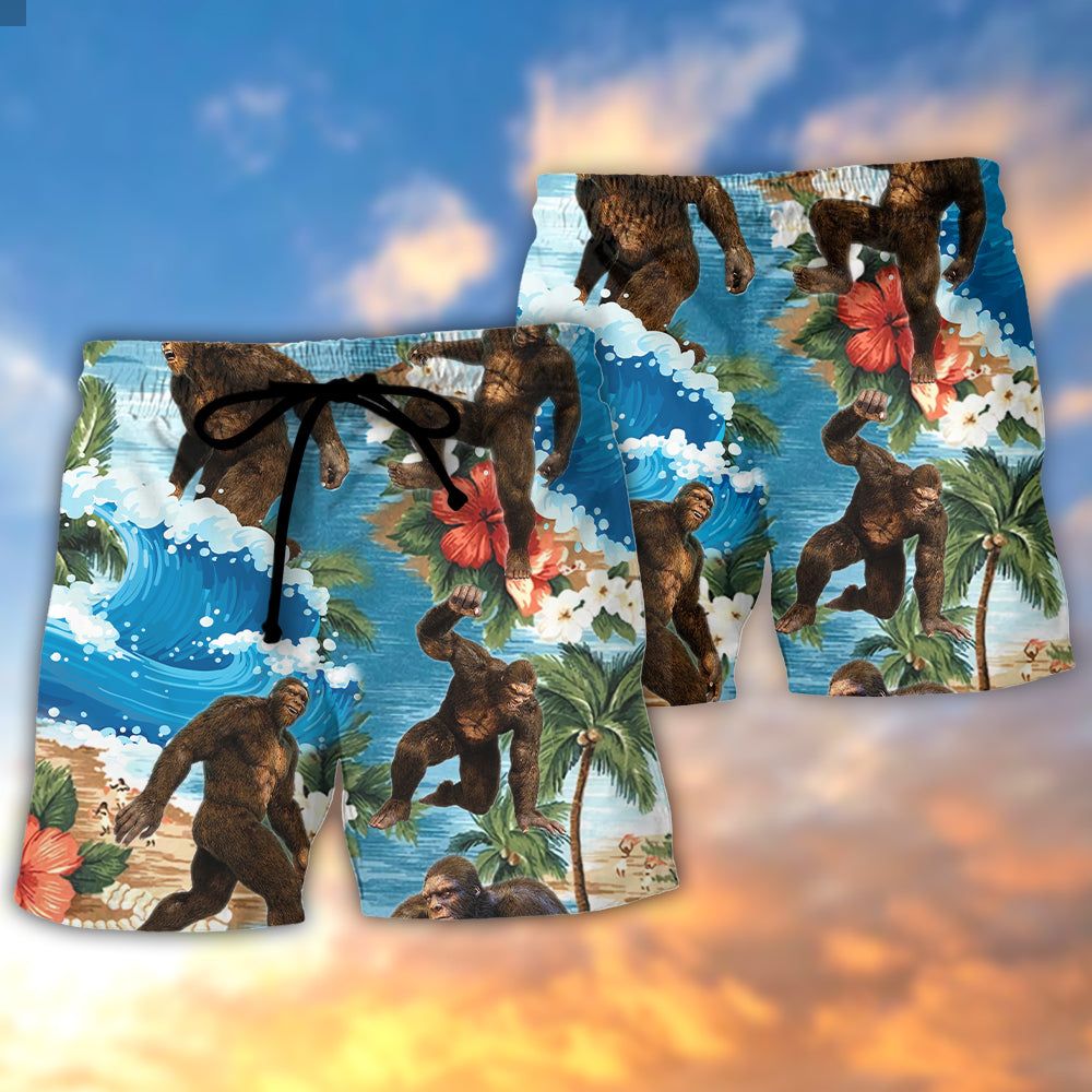 Bigfoot Tropical Funny Style Trendy Aloha Hawaiian Beach Shorts