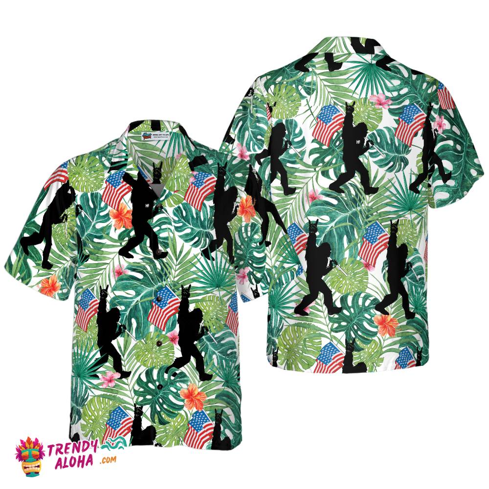 Bigfoot Tropical Hold Usa Flag Bigfoot Hawaiian Shirt, Floral American Flag Bigfoot Shirt For Men