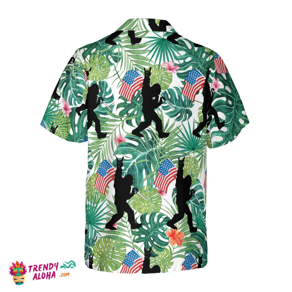 Bigfoot Tropical Hold Usa Flag Bigfoot Hawaiian Shirt, Floral American Flag Bigfoot Shirt For Men