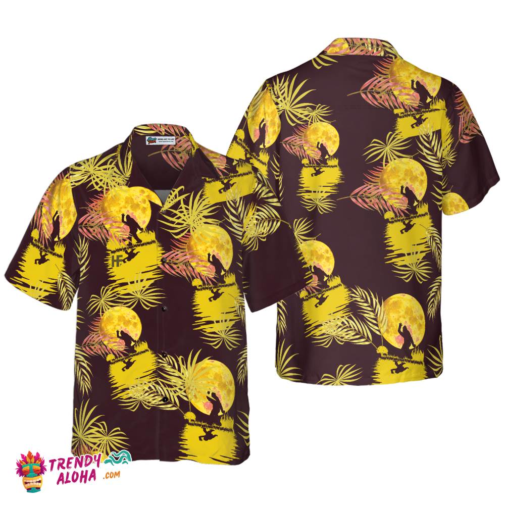 Bigfoot Tropical Yellow Moon Bigfoot Hawaiian Shirt, Purple And Yellow Dancing In The Moonlight Bigfoot Shirt For Men Bigfoot Tropical Yellow Moon Bigfoot Hawaiian Shirt, Purple And Yellow Dancing In The Moonlight Bigfoot Shirt For Men