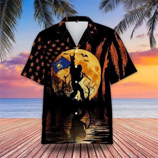 Bigfoot With Montana Flag Halloween Trendy Hawaiian Shirt, Unisex Print Aloha Short Sleeve Casual Shirt Bigfoot With Montana Flag Halloween Trendy Hawaiian Shirt, Unisex Print Aloha Short Sleeve Casual Shirt